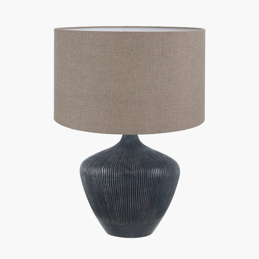 Manaia Antique Black Textured Wood Table Lamp Base with Edward 35cm Natural Linen Cylinder Lampshade.