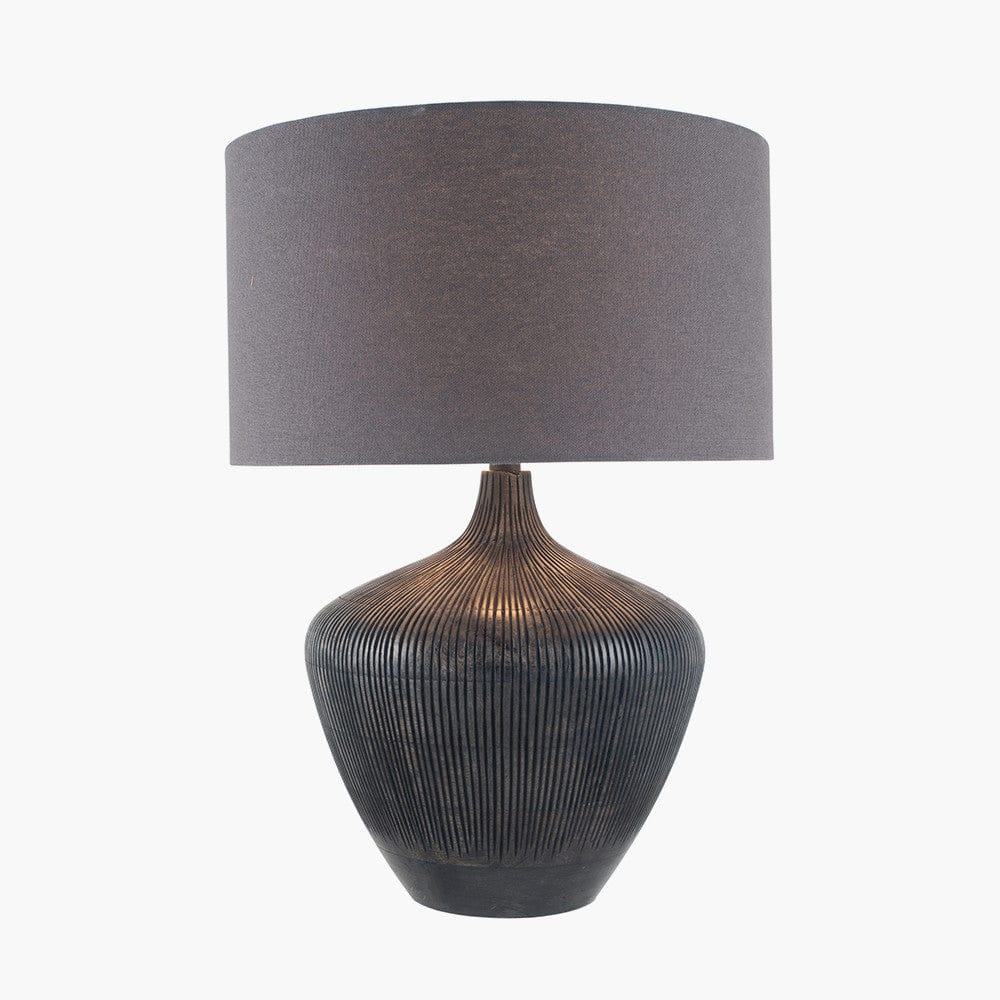 Manaia Antique Black Textured Wood Table Lamp Base with Henry 35cm Grey Handloom Cylinder Lampshade.