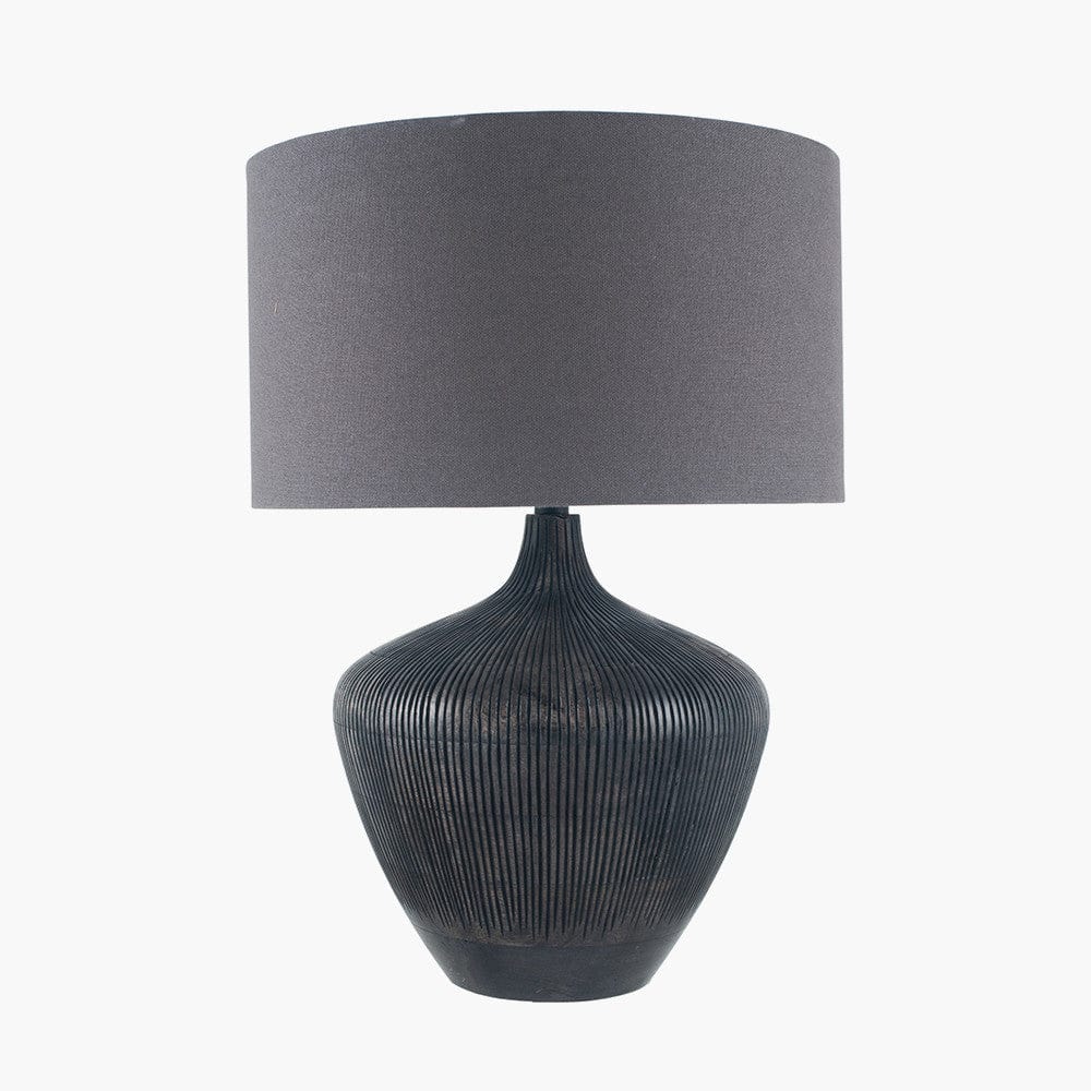 Manaia Antique Black Textured Wood Table Lamp with Henry 35cm Grey Handloom Cylinder Shade.