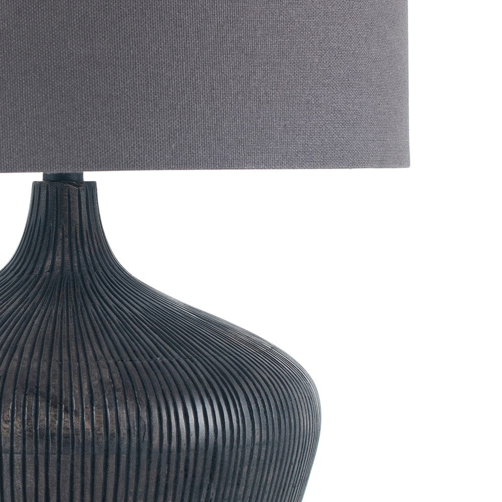 Manaia Antique Black Textured Wood Table Lamp with Henry 35cm Grey Handloom Cylinder Shade.
