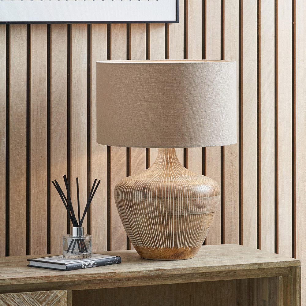 Pacific Lifestyle Lighting Manaia White Wash Textured Wood Table Lamp Base with Henry 35cm Taupe Handloom Cylinder Lampshade House of Isabella UK