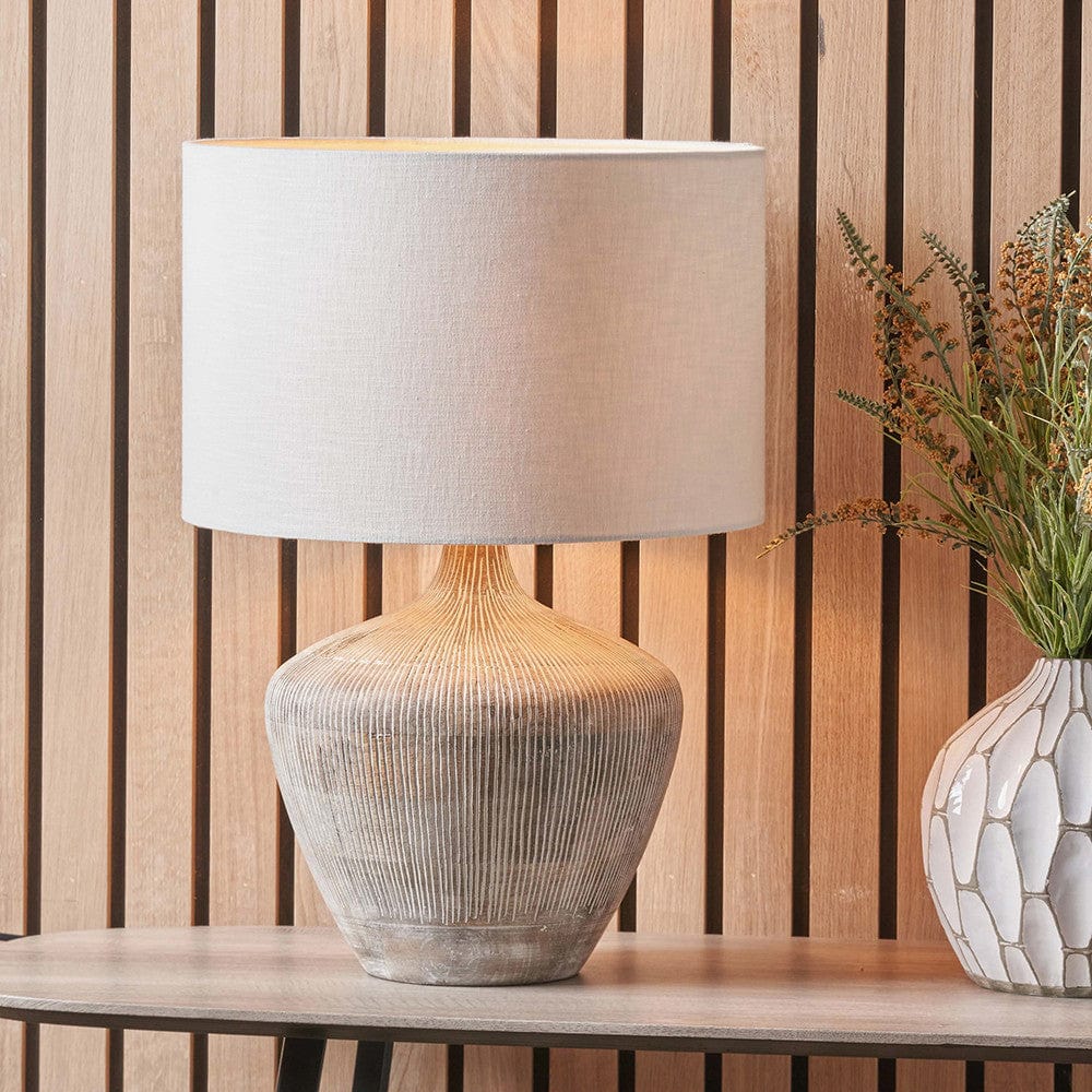 Manaia White Wash Textured Wood Table Lamp Base with Lino 35cm White Self Lined Linen Cylinder Lampshade.