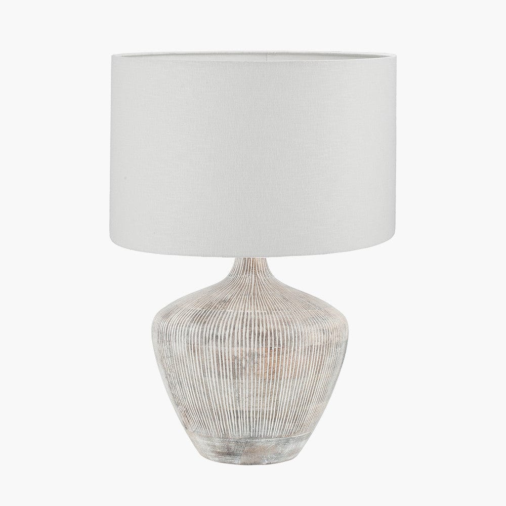 Manaia White Wash Textured Wood Table Lamp Base with Lino 35cm White Self Lined Linen Cylinder Lampshade.