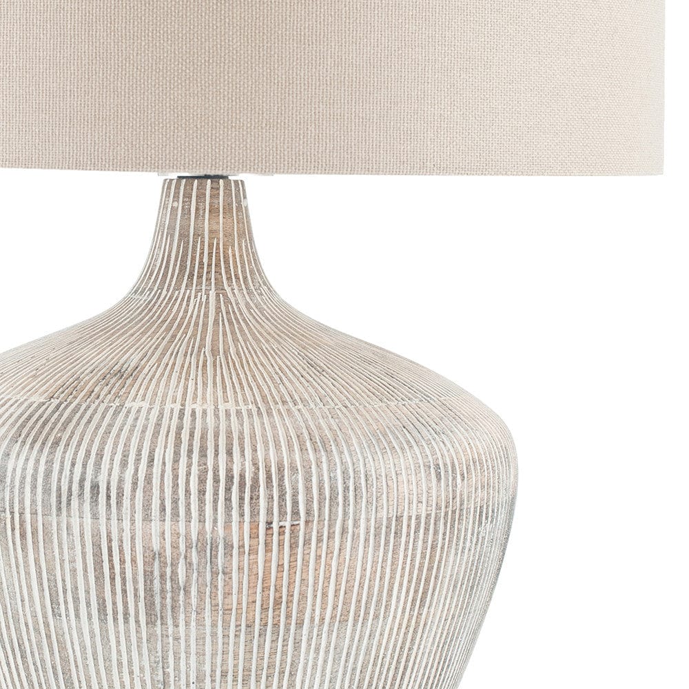 Manaia White Wash Textured Wood Table Lamp with Henry 35cm Taupe Handloom Cylinder Shade.
