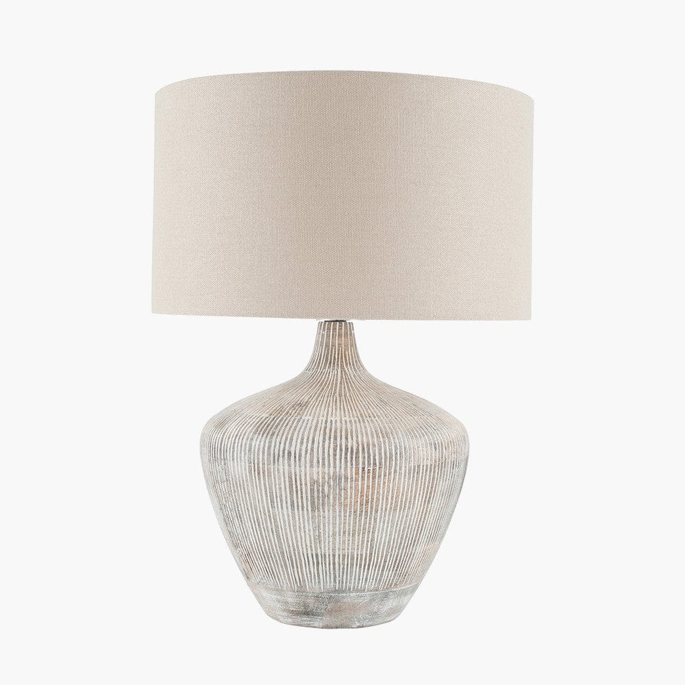 Manaia White Wash Textured Wood Table Lamp with Henry 35cm Taupe Handloom Cylinder Shade.