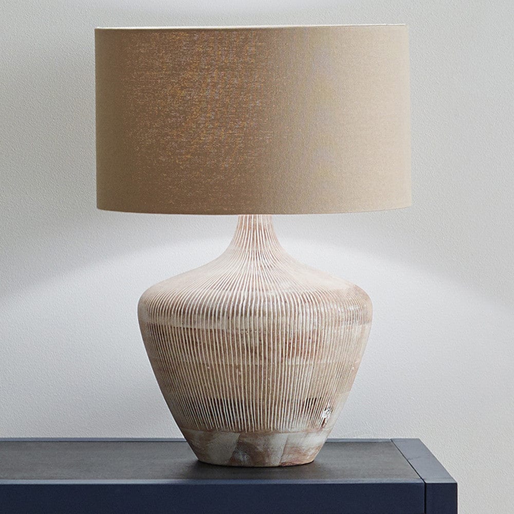 Manaia White Wash Textured Wood Table Lamp with Henry 35cm Taupe Handloom Cylinder Shade.