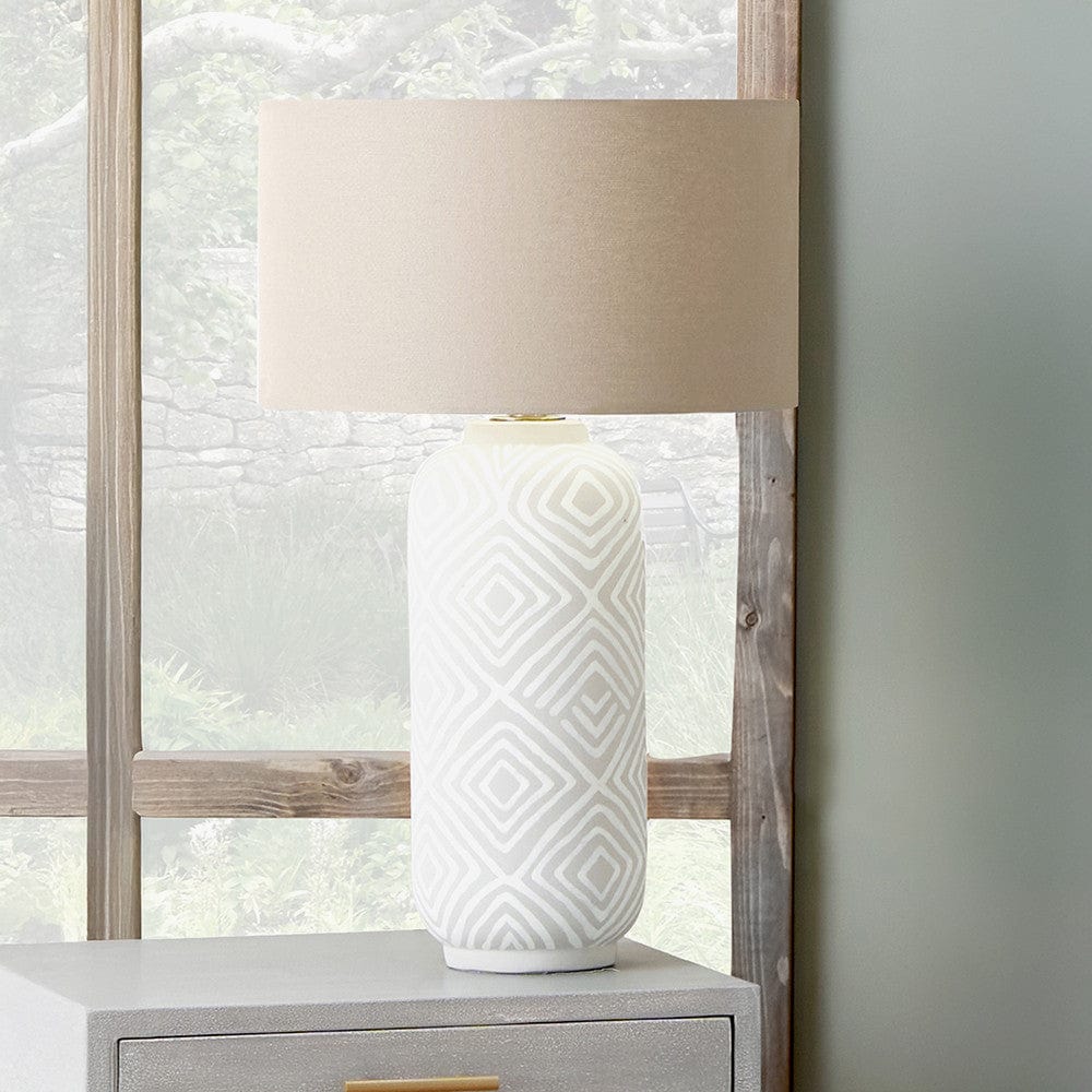 Margot Grey Patterned Stoneware Table Lamp Base with Henry 35cm Taupe Handloom Cylinder Lampshade.