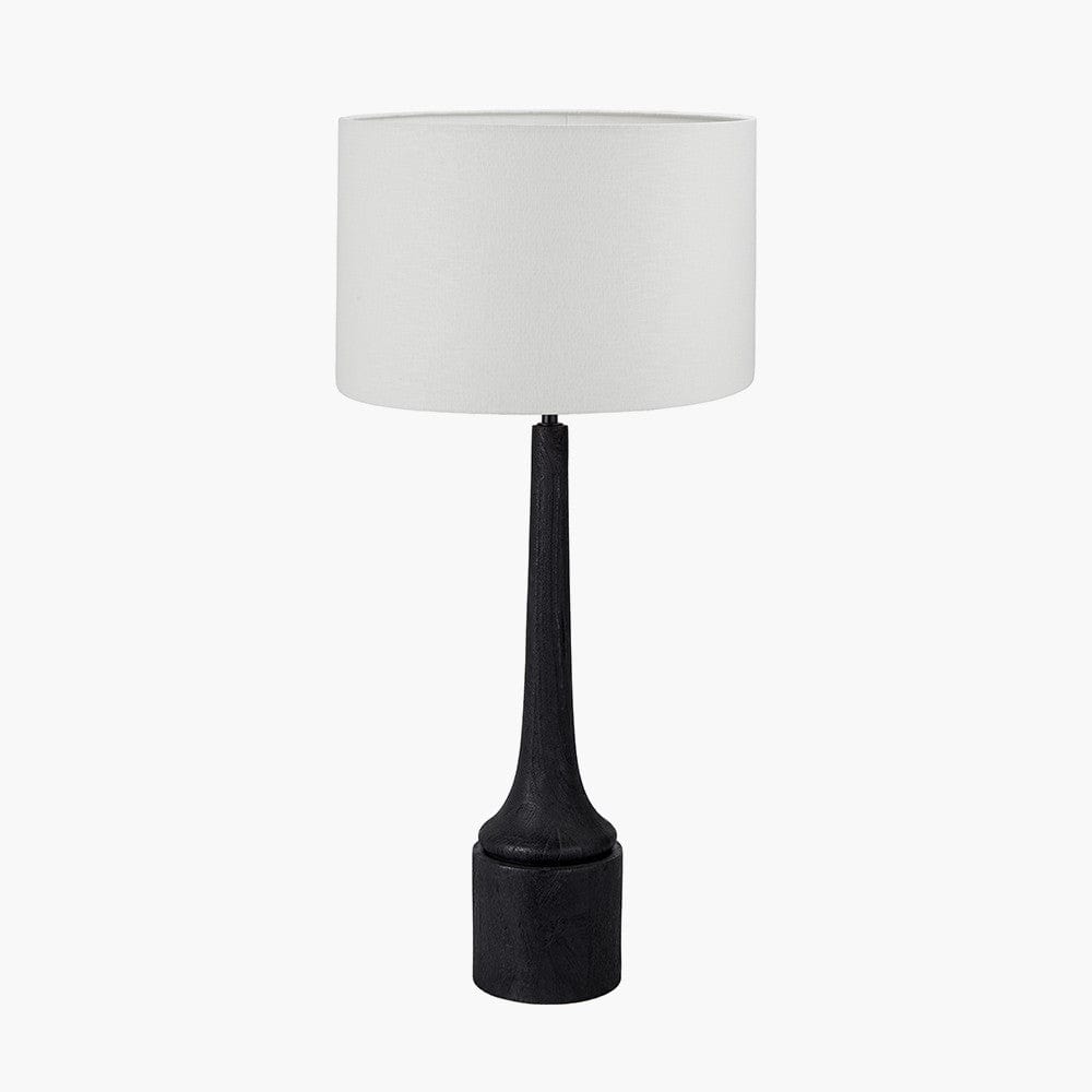 Marin Black Wood Tall Neck Table Lamp Base with Lino 40cm White Self Lined Linen Cylinder Lampshade.