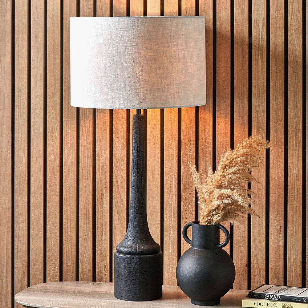 Marin Black Wood Tall Neck Table Lamp Base with Lino 40cm White Self Lined Linen Cylinder Lampshade.