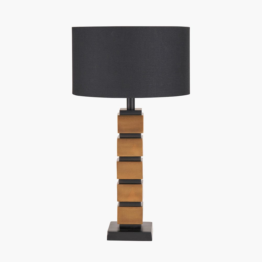 Maximo Antique Brass and Matt Black Cube Design Table Lamp Base with Harry 35cm Black Cotton Mix Cylinder Lampshade.