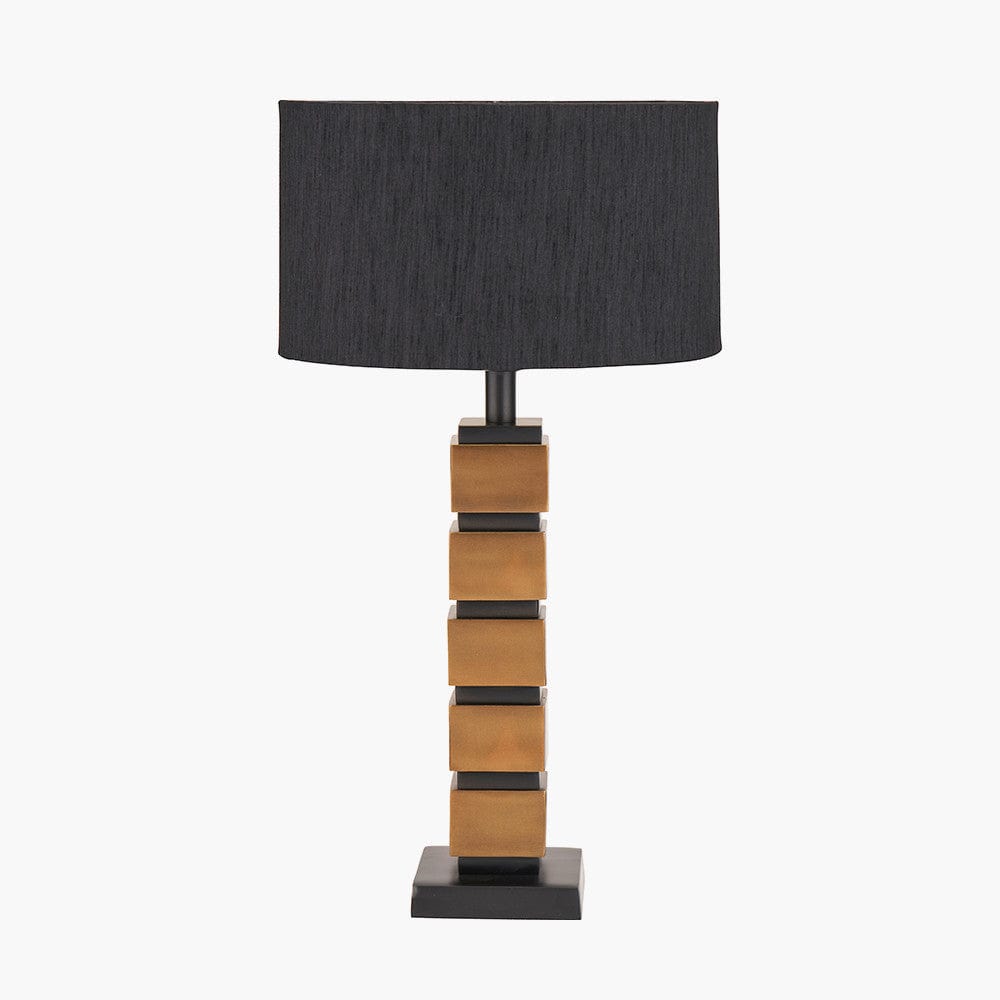 Maximo Antique Brass and Matt Black Cube Design Table Lamp Base with Stellan 35cm Black Slubbed Silk Mix Gold Lined Cylinder Lampshade.