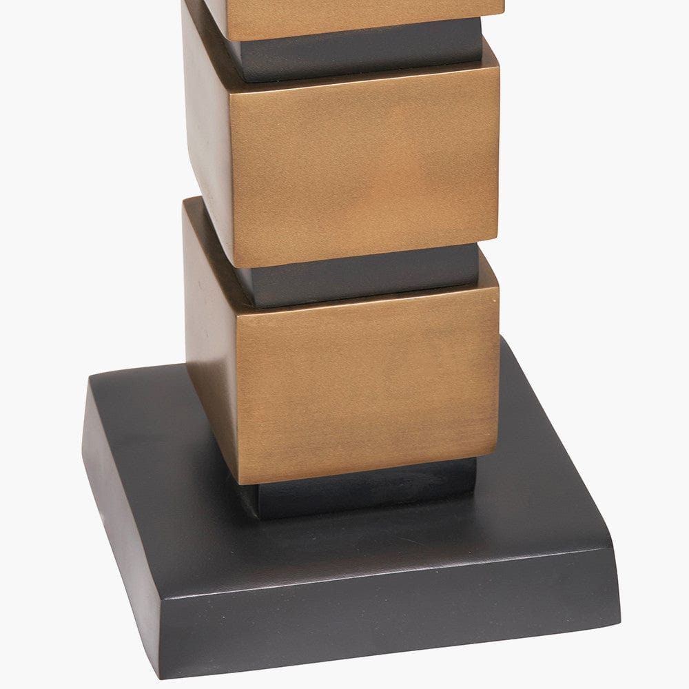 Maximo Antique Brass and Matt Black Cube Design Table Lamp Base with Stellan 35cm Black Slubbed Silk Mix Gold Lined Cylinder Lampshade.