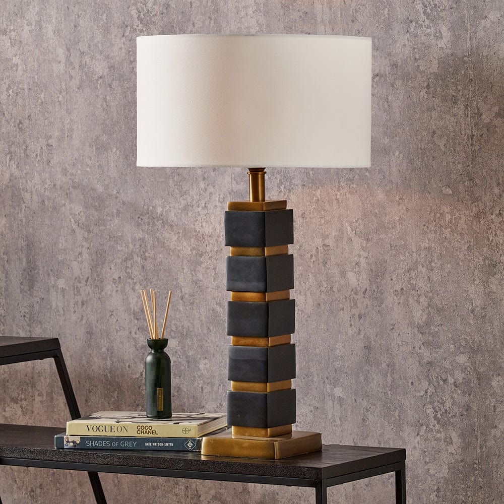 Maximo Matt Black and Antique Brass Cube Design Table Lamp Base.