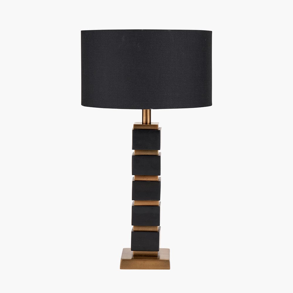 Maximo Matt Black and Antique Brass Cube Design Table Lamp Base with Harry 35cm Black Cotton Mix Cylinder Lampshade.