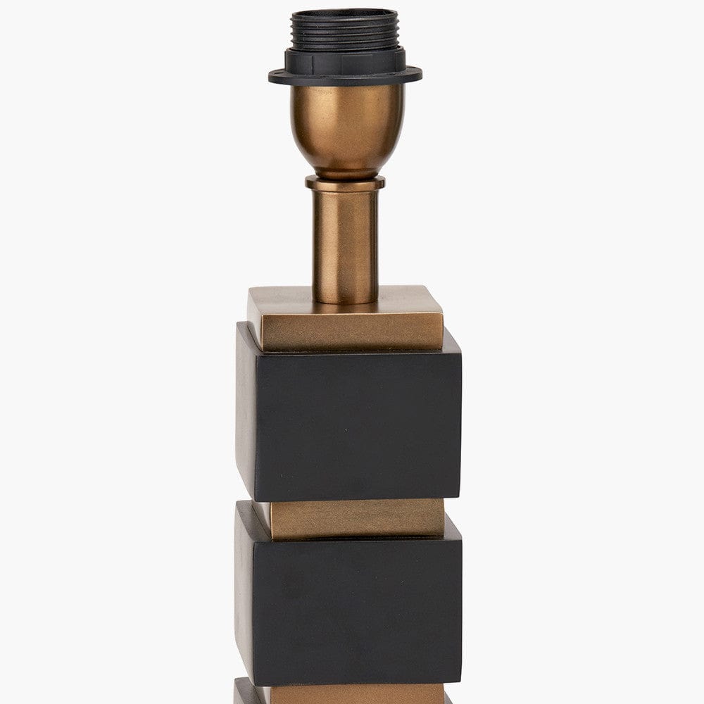 Maximo Matt Black and Antique Brass Cube Design Table Lamp Base with Harry 35cm Ivory Cotton Mix Cylinder Lampshade.