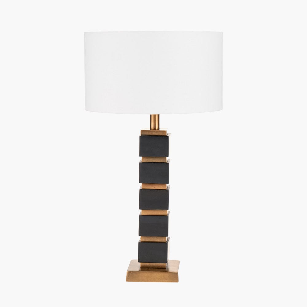 Maximo Matt Black and Antique Brass Cube Design Table Lamp Base with Harry 35cm Ivory Cotton Mix Cylinder Lampshade.