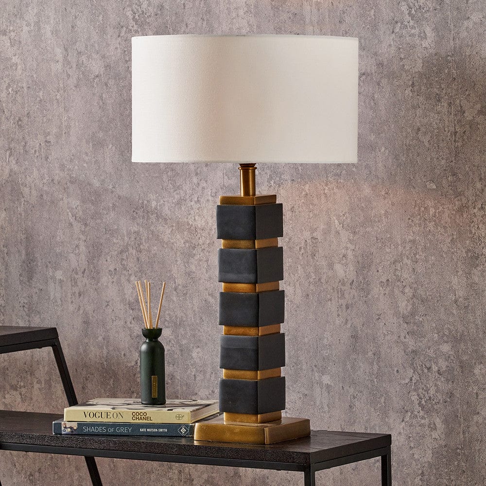 Maximo Matt Black and Antique Brass Cube Design Table Lamp Base with Harry 35cm Ivory Cotton Mix Cylinder Lampshade.