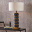 Maximo Matt Black and Antique Brass Cube Design Table Lamp Base with Harry 35cm Ivory Cotton Mix Cylinder Lampshade.