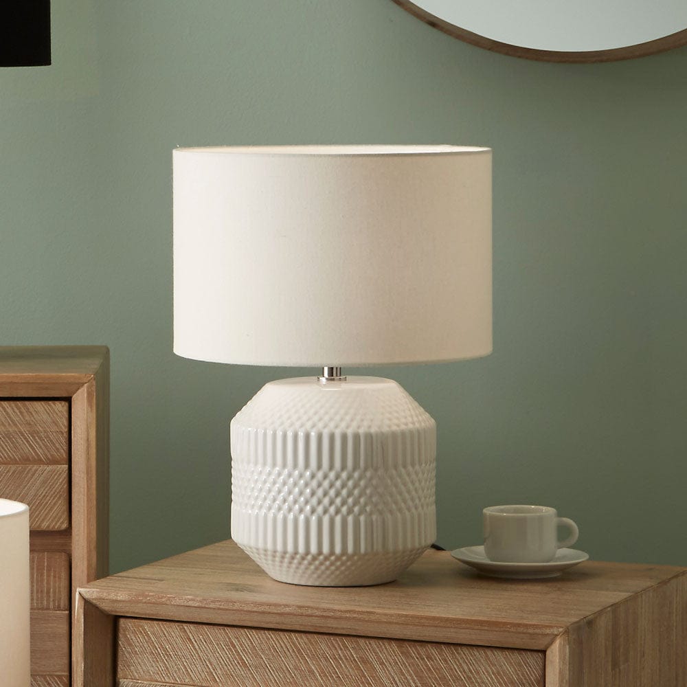 Meribel White Geo Textured Ceramic Table Lamp.