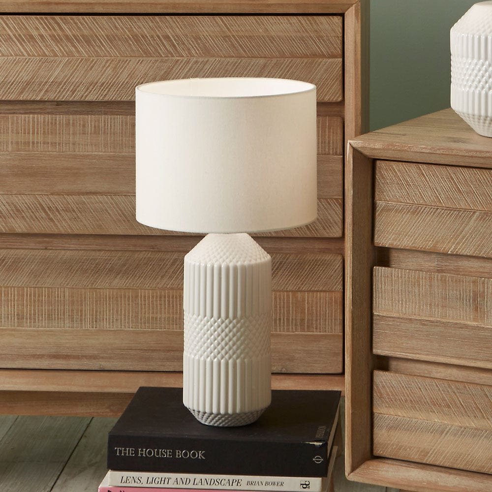 Meribel White Geo Textured Tall Ceramic Table Lamp.