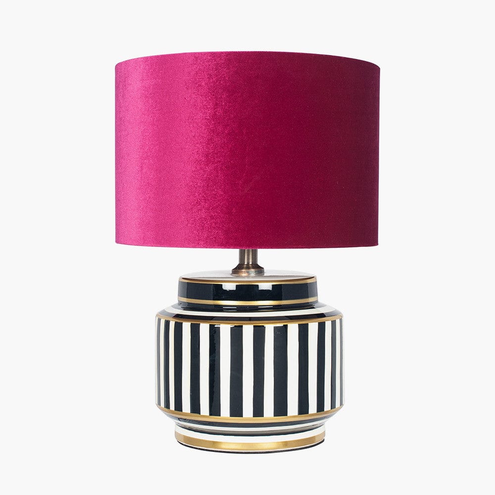 Mono Humbug Black and White Small Table Lamp Base with Bow 30cm Raspberry Velvet Cylinder Lampshade.