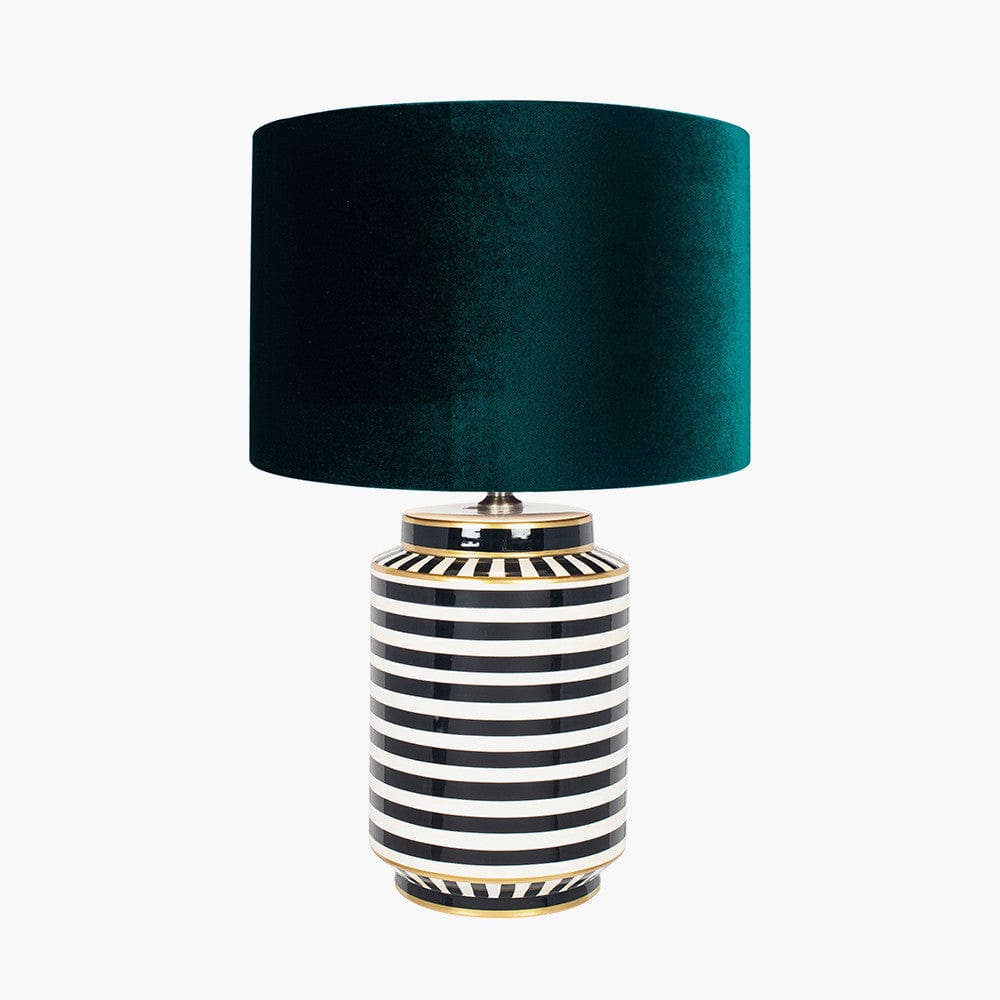 Mono Humbug Black and White Tall Table Lamp Base with Bow 40cm Forest Green Velvet Cylinder Lampshade.