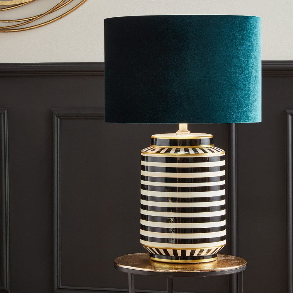 Mono Humbug Black and White Tall Table Lamp Base with Bow 40cm Forest Green Velvet Cylinder Lampshade.