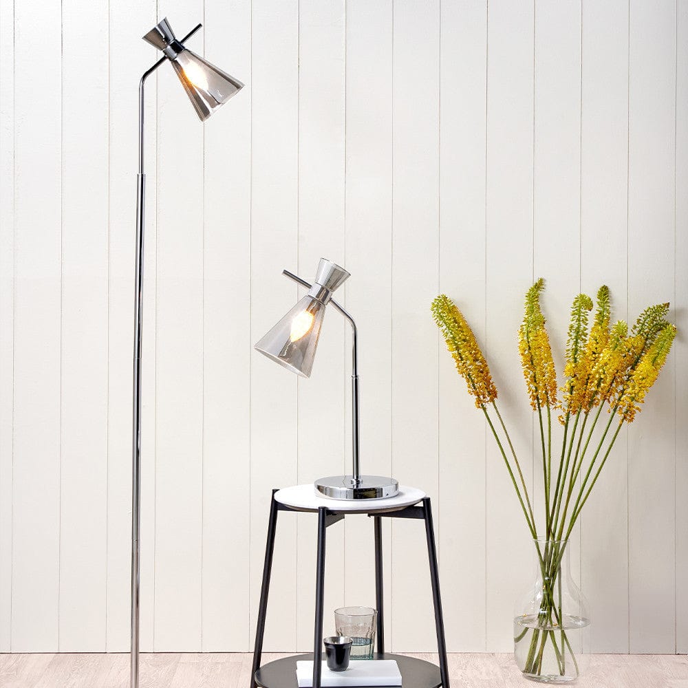Monroe Smoke Glass and Silver Metal Waisted Floor Lamp.