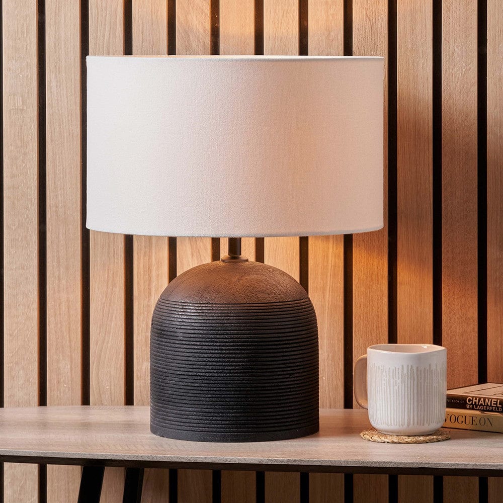 Pacific Lifestyle Lighting Nelu Black Engraved Wood Dome Table Lamp Base with Henry 35cm White Handloom Cylinder Lampshade House of Isabella UK