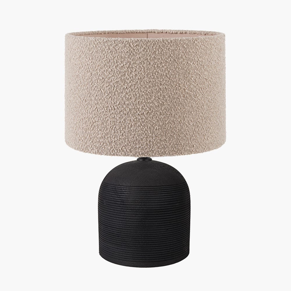 Nelu Black Engraved Wood Dome Table Lamp Base with Rouen 35cm Taupe Boucle Cylinder Lampshade.