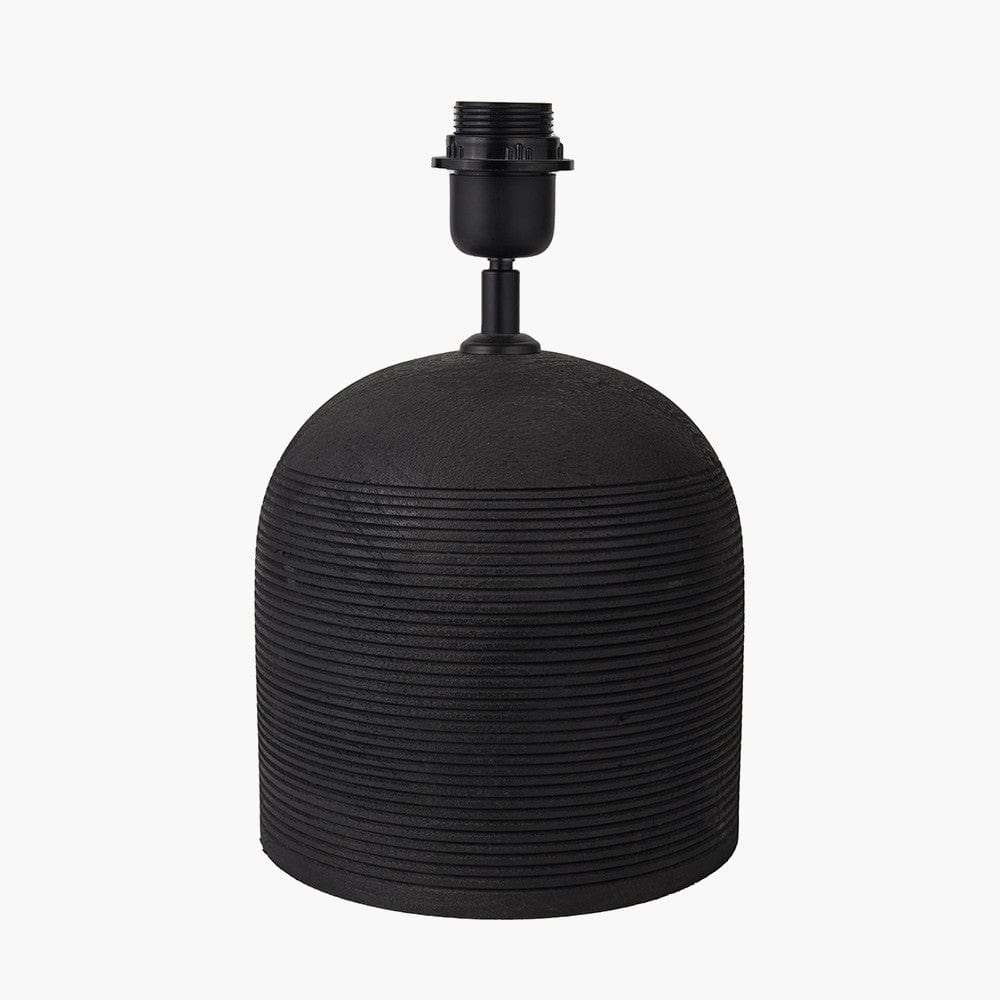 Nelu Black Engraved Wood Dome Table Lamp Base with Rouen 35cm Taupe Boucle Cylinder Lampshade.