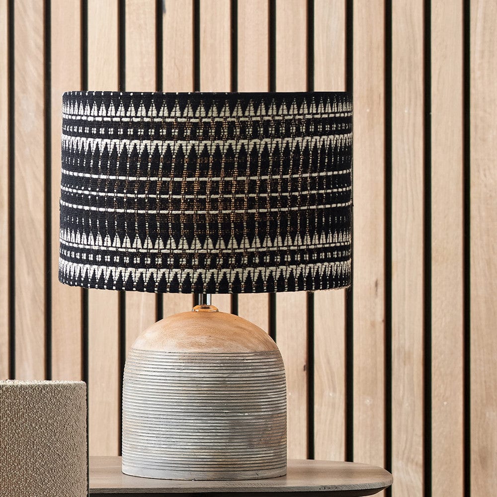 Pacific Lifestyle Lighting Nelu Grey Engraved Wood Dome Table Lamp Base with Ladakh 35cm Black and White Woven Cylinder Lampshade House of Isabella UK