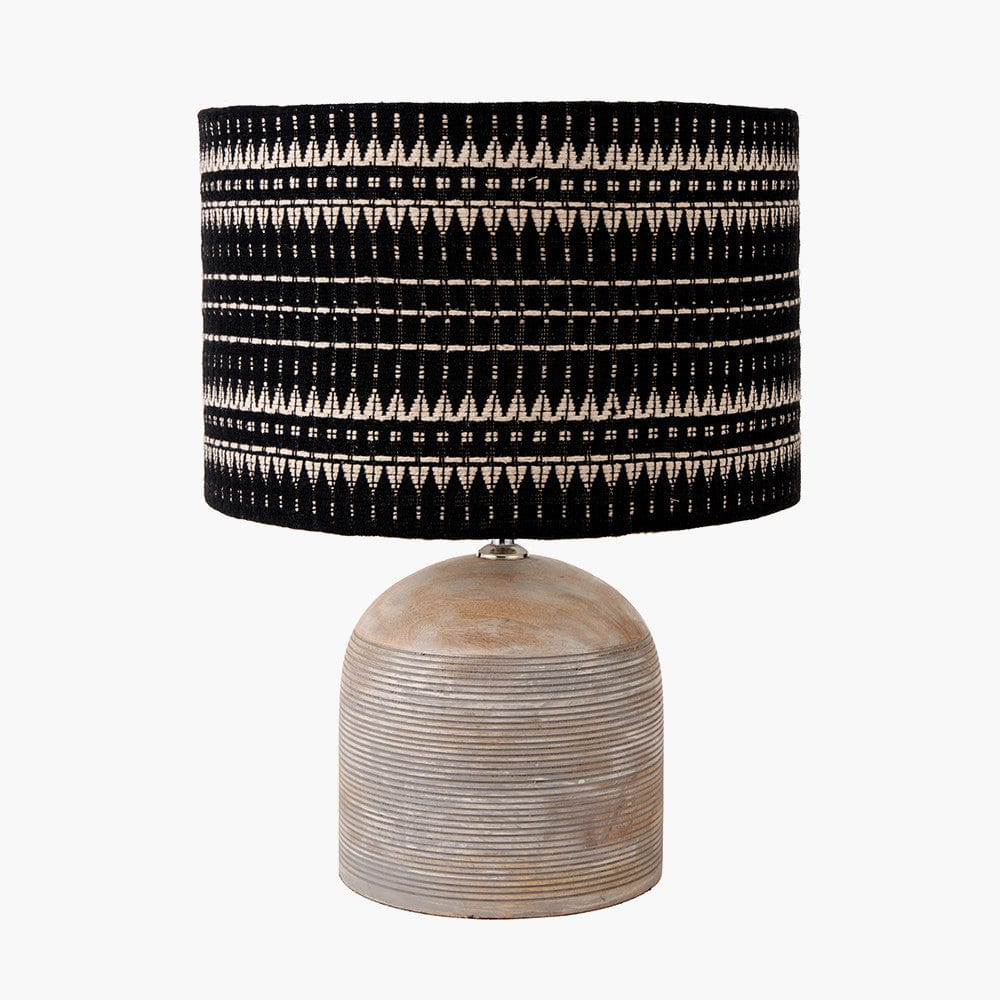 Pacific Lifestyle Lighting Nelu Grey Engraved Wood Dome Table Lamp Base with Ladakh 35cm Black and White Woven Cylinder Lampshade House of Isabella UK