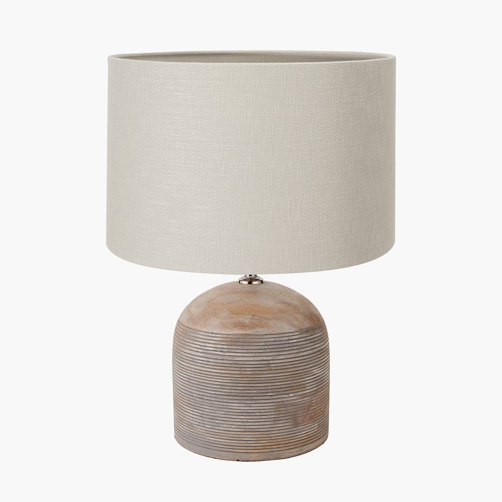Nelu Grey Engraved Wood Dome Table Lamp Base with Lino 35cm Grey Self Lined Linen Cylinder Lampshade.