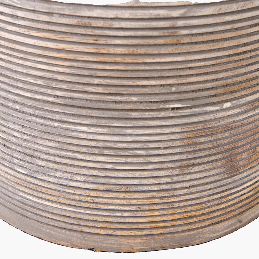 Nelu Grey Engraved Wood Dome Table Lamp Base with Lino 35cm Grey Self Lined Linen Cylinder Lampshade.