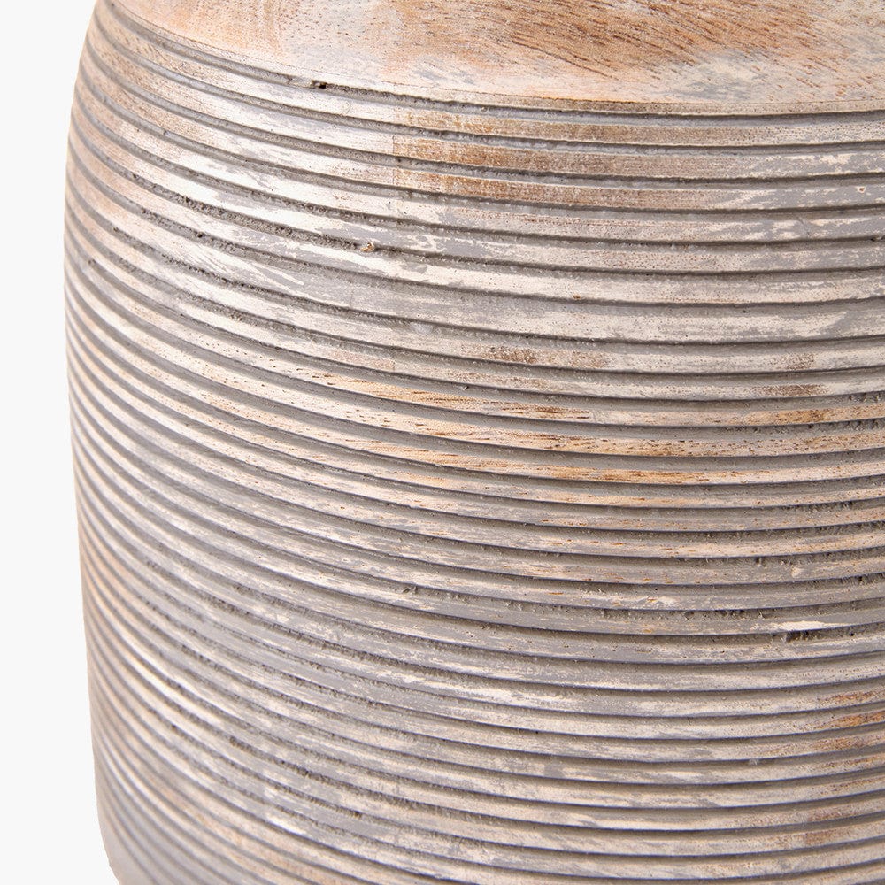 Nelu Grey Engraved Wood Dome Table Lamp Base with Lino 35cm Grey Self Lined Linen Cylinder Lampshade.