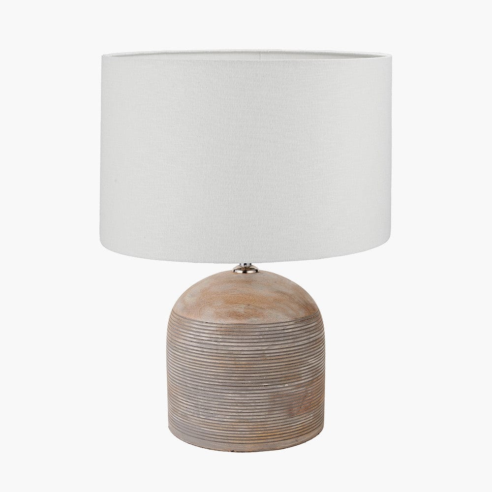 Nelu Grey Engraved Wood Dome Table Lamp Base with Lino 35cm White Self Lined Linen Cylinder Lampshade.