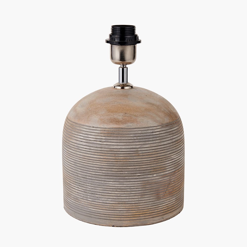 Nelu Grey Engraved Wood Dome Table Lamp Base with Lino 35cm White Self Lined Linen Cylinder Lampshade.