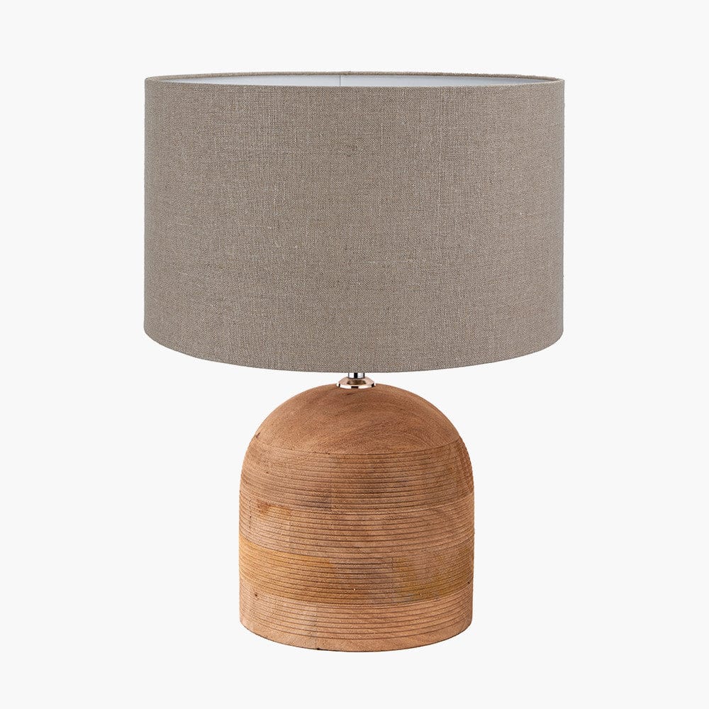 Nelu Natural Engraved Wood Dome Table Lamp Base with Edward 35cm Natural Linen Cylinder Lampshade.
