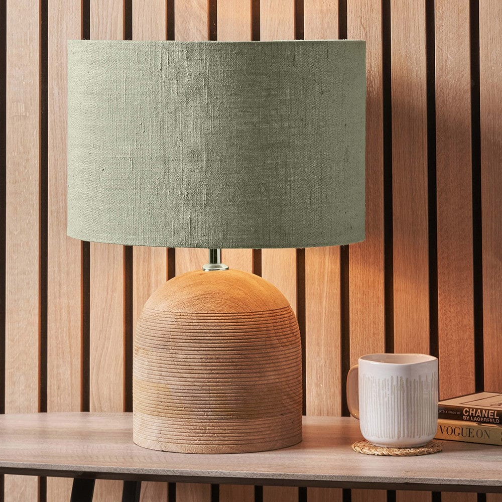 Nelu Natural Engraved Wood Dome Table Lamp Base with Edward 35cm Pistachio Green Linen Cylinder Lampshade.