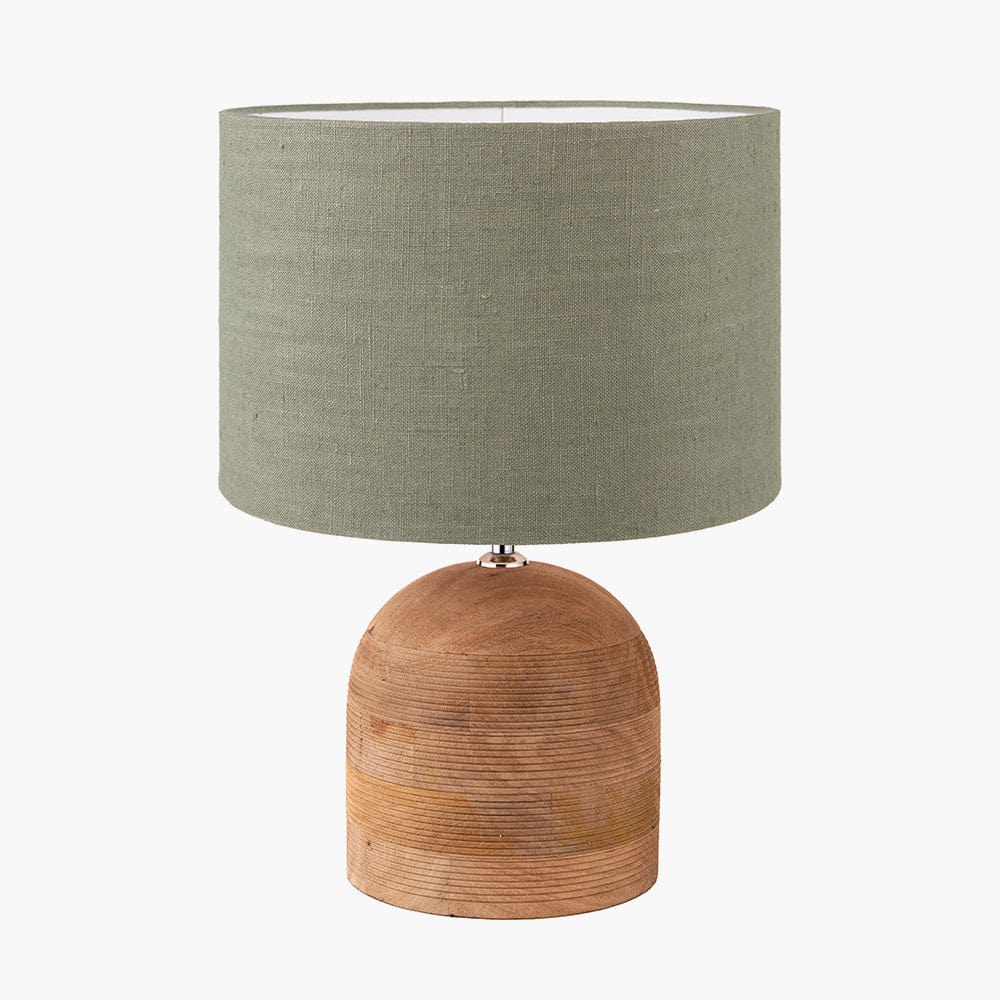 Nelu Natural Engraved Wood Dome Table Lamp Base with Edward 35cm Pistachio Green Linen Cylinder Lampshade.