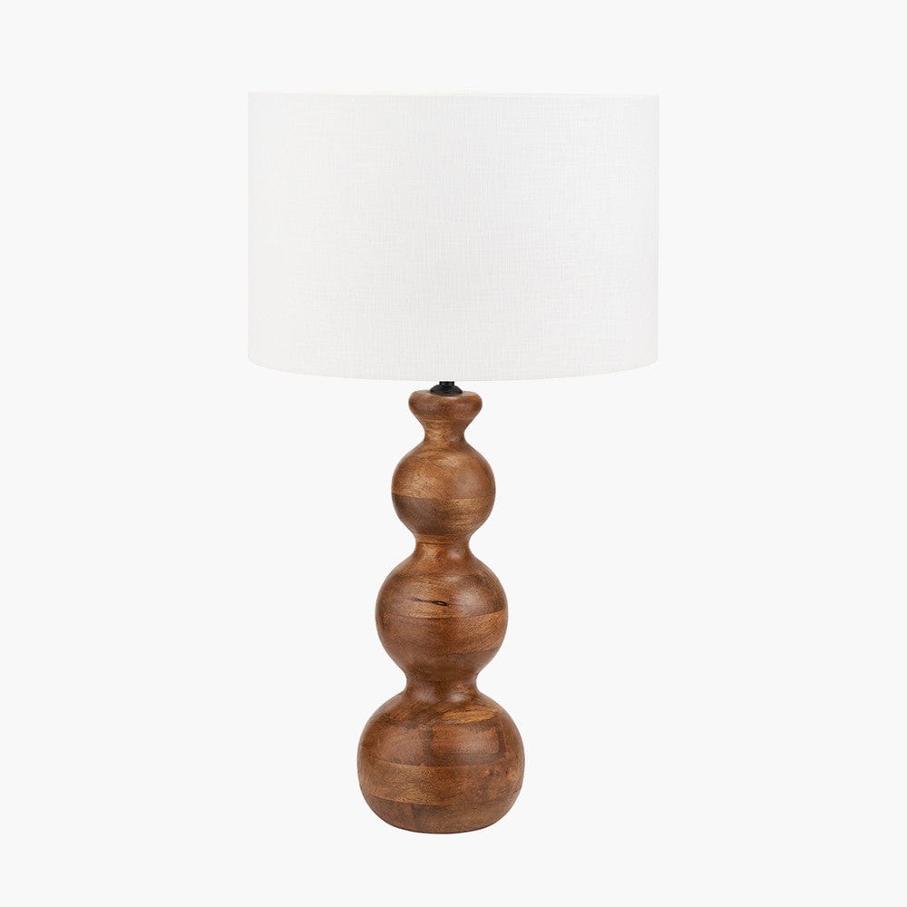 Nyari Brown Oiled Finish Mango Wood 3 Ball Design Table Lamp Base with Lino 40cm White Self Lined Linen Cylinder Lampshade.