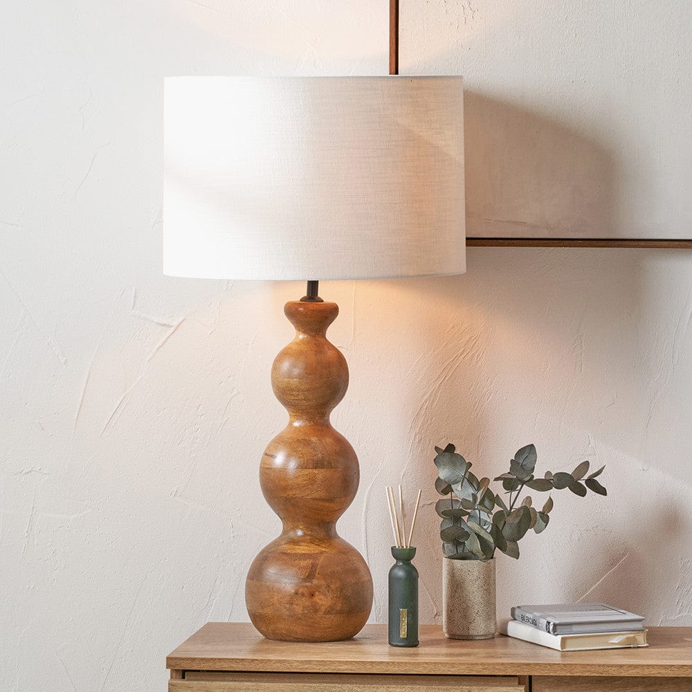 Nyari Brown Oiled Finish Mango Wood 3 Ball Design Table Lamp Base with Lino 40cm White Self Lined Linen Cylinder Lampshade.
