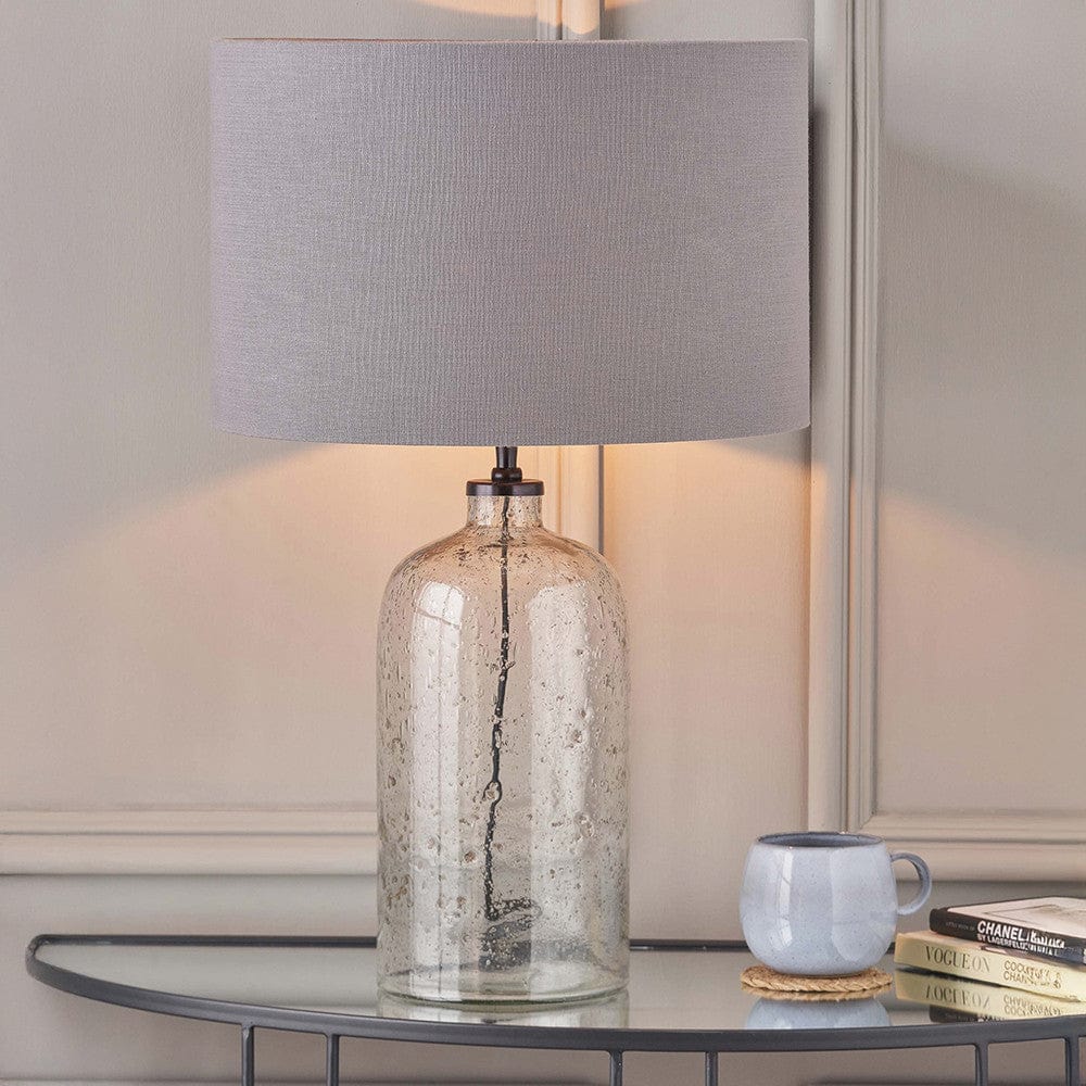 Ophelia Grey Bubble Glass Table Lamp Base with Lino 40cm Steel Grey Self Lined Linen Cylinder Lampshade.