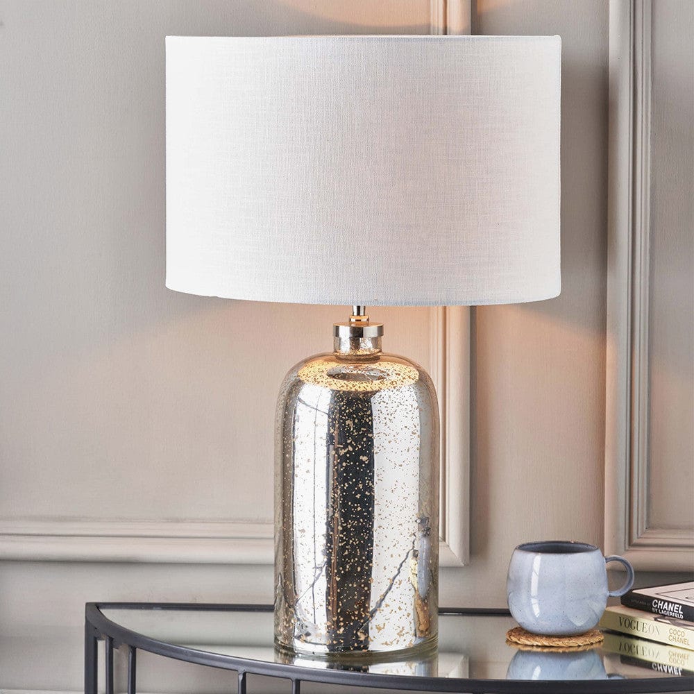 Pacific Lifestyle Lighting Ophelia Mercurial Glass Table Lamp Base with Lino 40cm White Self Lined Linen Cylinder Lampshade House of Isabella UK