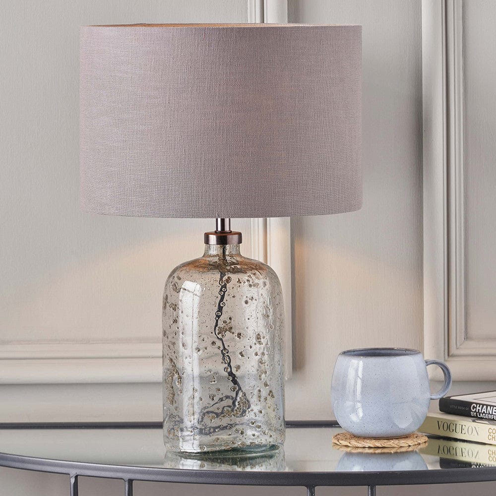 Ophelia Small Grey Bubble Glass Table Lamp Base with Lino 30cm Steel Grey Self Lined Linen Cylinder Lampshade.