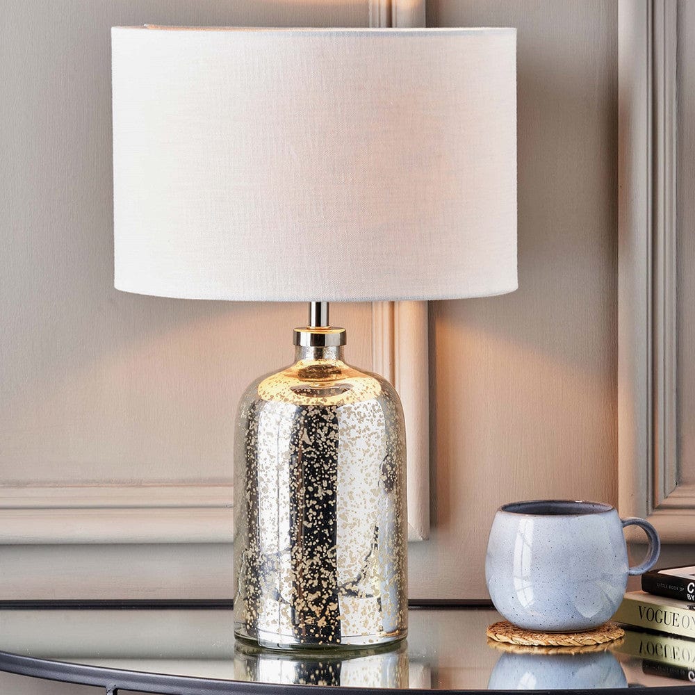 Ophelia Small Mercurial Glass Table Lamp Base with Lino 30cm White Self Lined Linen Cylinder Lampshade.
