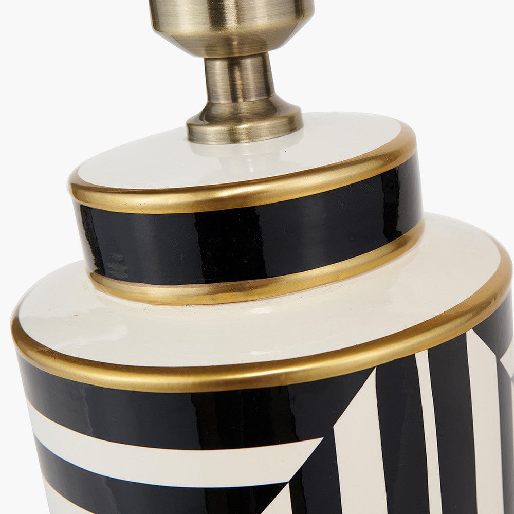 Optic Black and White Optic Stripe Ceramic Table Lamp Base with Harry 30cm Black Cotton Mix Cylinder Lampshade.