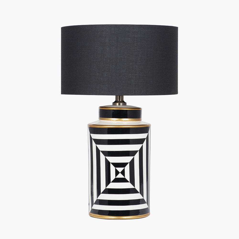 Optic Black and White Optic Stripe Ceramic Table Lamp Base with Harry 30cm Black Cotton Mix Cylinder Lampshade.
