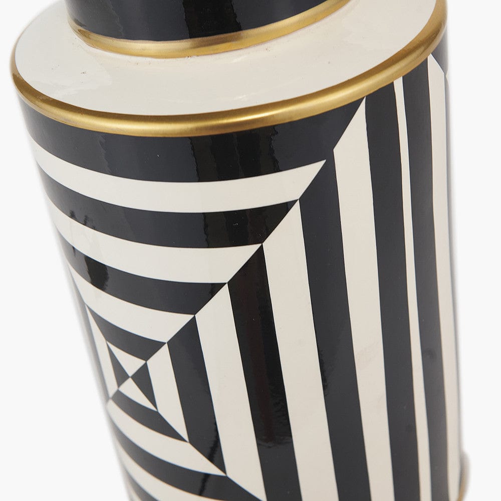 Optic Black and White Optic Stripe Ceramic Table Lamp Base with Harry 30cm Black Cotton Mix Cylinder Lampshade.